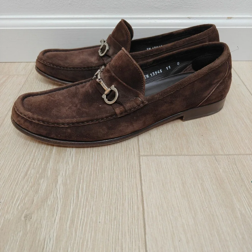 Salvatore Ferragamo Mens Loafers 11 D Brown Suede Gancini Bit Moc Toe Luxury